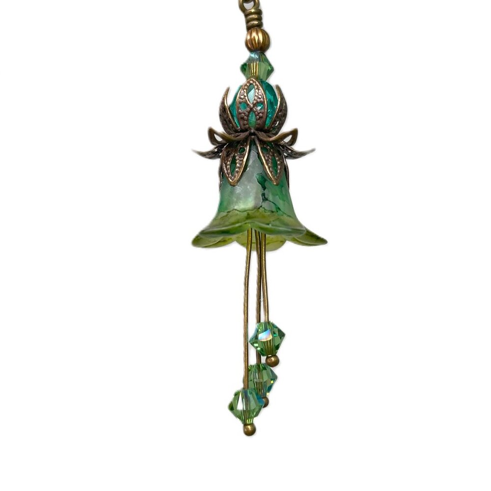 ⚜️ NEW Green Sparkling Flower Bell Earrings Handcrafted with Antiqued brass